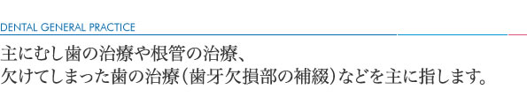 主にむし歯の治療や根管の治療、欠けてしまった歯の治療（歯牙欠損部の補綴）などを主に指します。